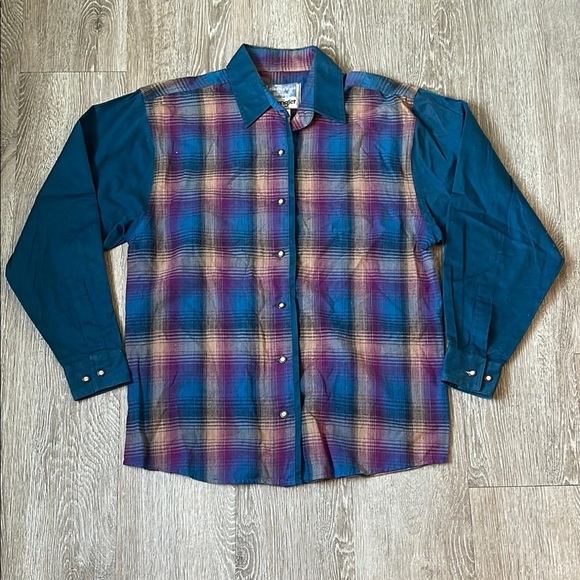 Vintage Wrangler Blue and Brown Casual Button Down Shirt size medium plaid - Picture 1 of 5